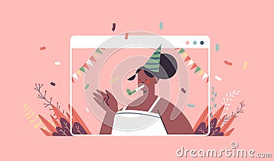 Happy woman in festive hat celebrating online birthday party african american girl in computer window Vector Illustration