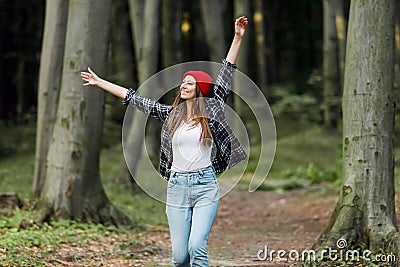 Happy Woman at the Forest Stock Photo