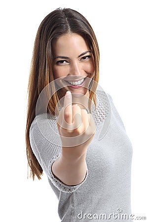 Happy woman gesturing beckoning Stock Photo