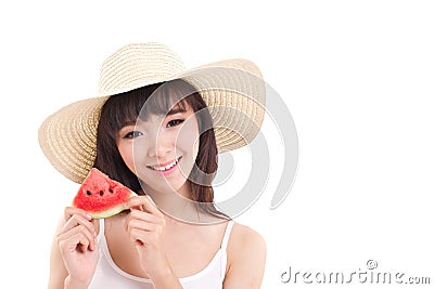 Happy woman hand holding watermelon, summer time concept Stock Photo