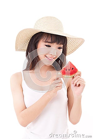 Happy woman hand holding watermelon, summer time concept Stock Photo