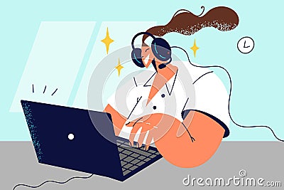 Happy woman in headset work on computer Vector Illustration