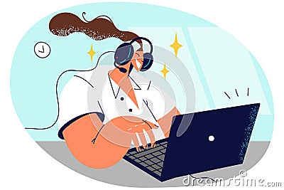 Happy woman in headset work on computer Vector Illustration