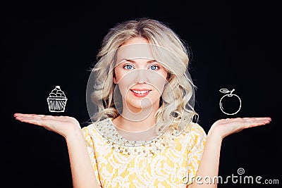 Happy Woman with Health Cake and Apple Stock Photo