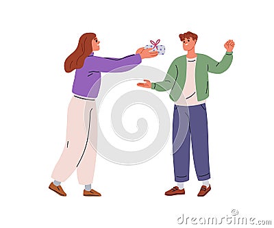 Happy woman holding festive gift box, presenting surprise to glad man. Girlfriend and boyfriend, love couple with Vector Illustration