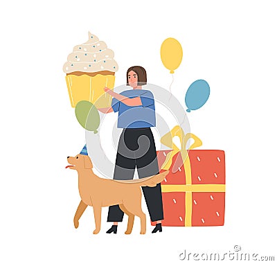 Happy woman holding huge festive cupcake for birthday party. Female character and dog with cake, balloons and gift Vector Illustration