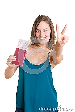 Happy Woman Holding Plain Tickets Stock Photo