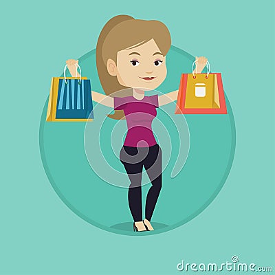 Happy woman holding shopping bags. Vector Illustration