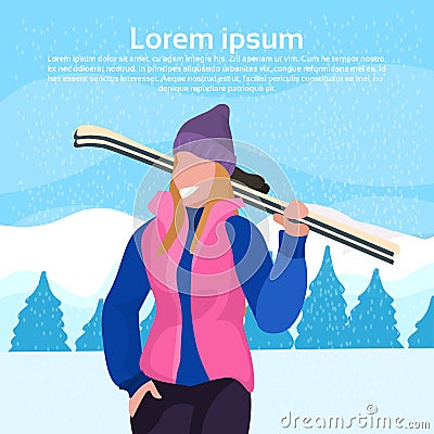 Happy woman holding skis girl winter vacation activity concept fir tree snowy mountain landscape female cartoon Vector Illustration