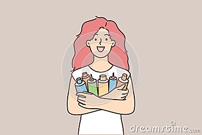 Happy woman holds cosmetic products for hair care to make hair splendid and silky Vector Illustration