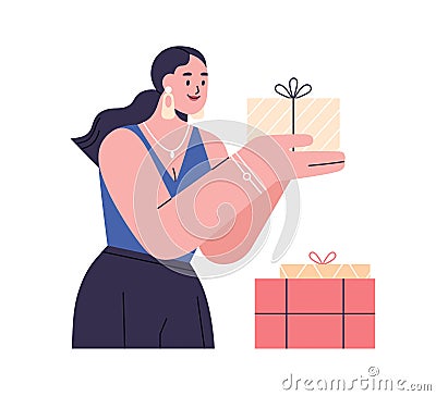 Happy woman with holiday gift box in hands. Person preparing presents and surprises for birthday. Excited female holding Vector Illustration