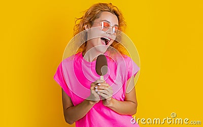 happy woman with icelolly ice cream on background. photo of woman Stock Photo