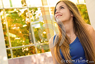 Happy woman indoors Stock Photo