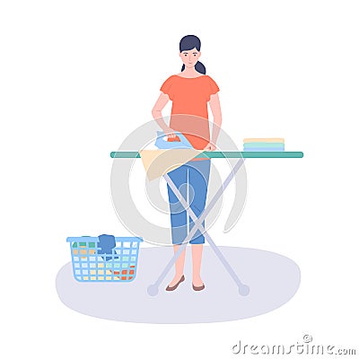 Happy woman irons clothes, flat vector illustration. Vector Illustration