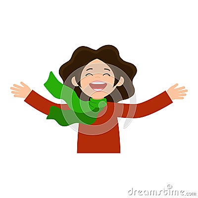 Happy woman. Joyful girl widely spread her hands to the side and smiling with happiness Cartoon Illustration