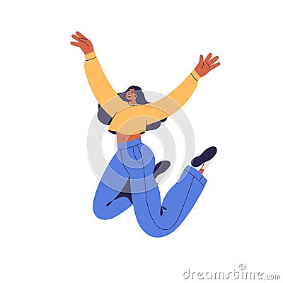 Happy woman jumping up with joy, positive energy. Excited young girl in action. Energetic active smiling female Vector Illustration