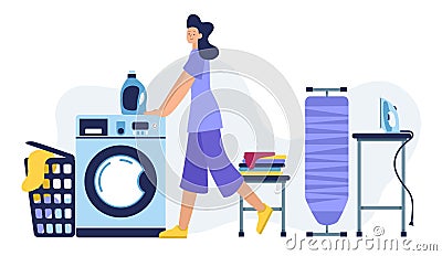 Happy woman laundry room. Washing in the washing machine. Vector illustration. Vector Illustration