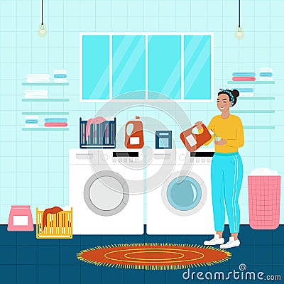 Happy woman laundry. Vector illustration in flat cartoon style Vector Illustration