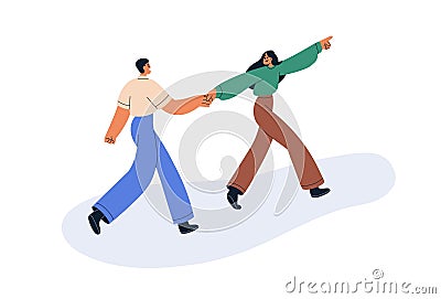 Happy woman leading, man following after girl. Female taking, holding hand, pulling by arm, showing something. Love Vector Illustration