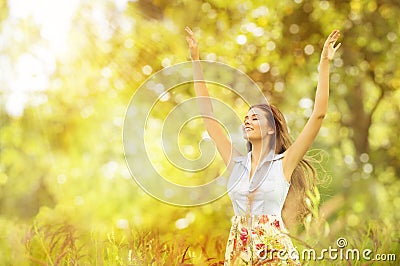 Happy Woman Life Style, Smiling Girl Raised Open Arms, Outdoor Stock Photo