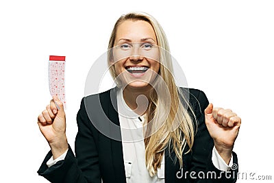 Happy woman with lucky lottery ticket in hand Stock Photo