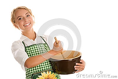 Happy woman making cake Stock Photo