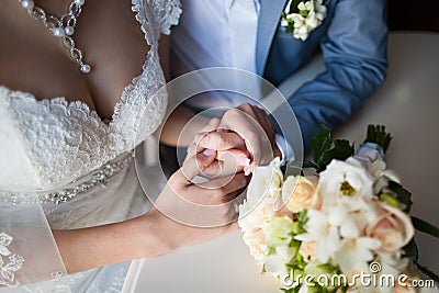 Happy woman, man sitting at table in cafe, restaurant. beautiful couple of young people talking, holding hands, smiling Stock Photo