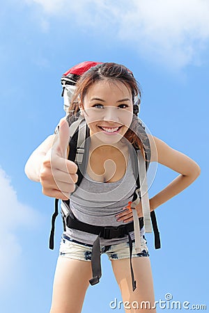 Happy woman mountain hiker Stock Photo