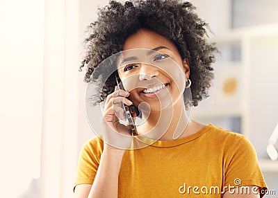 Happy woman, phone call and talking in home, conversation or chat with contact. Mobile, communication and smile of Stock Photo
