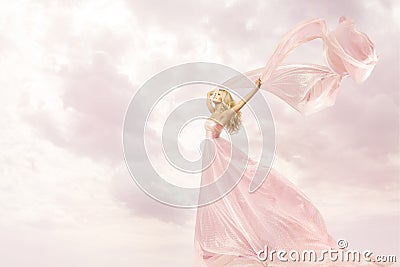 Happy Woman in Pink Long Dress, Girl Flying Silk Scarf Cloth Stock Photo