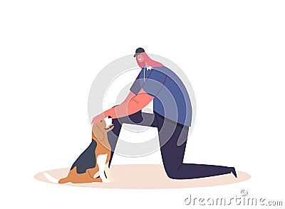 Happy Woman Play with Dog, Volunteer Caress Puppy. Character Caring and Spend Time with Domestic Animal in Shelter Vector Illustration