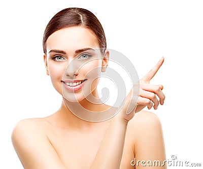 Happy Woman Pointing by Finger, Smiling Girl Beauty Face Makeup Stock Photo