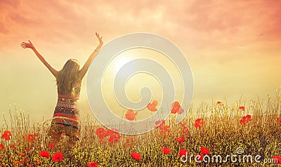 Happy woman in Poppies Stock Photo