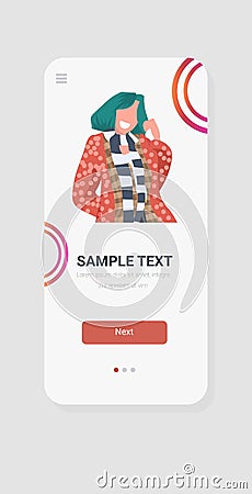 Happy woman portrait attractive smiling girl smartphone screen online mobile app vertical sketch Vector Illustration