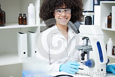 Happy woman, portrait and scientist with microscope in science research, testing or experiment in pharmaceutical lab Stock Photo