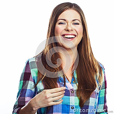 Happy woman portrait. Smiling girl isolated. white background. Stock Photo