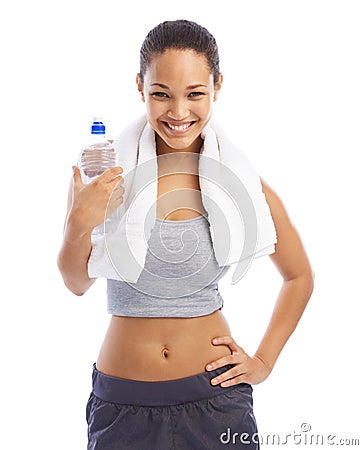 Happy woman, portrait and water bottle with towel in fitness isolated against a white studio background. Female person Stock Photo