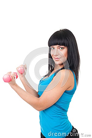 Happy woman practice with pink dumbbells Stock Photo