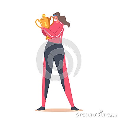 Happy Woman Proud of Win in Competition. Sportive Female Character Celebrate Victory Holding Golden Cup, Sport Success Vector Illustration