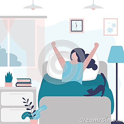 Happy woman pulls himself up after waking up. Female character sits on bed with cat and stretching arms. Beginning good day. Girl Vector Illustration