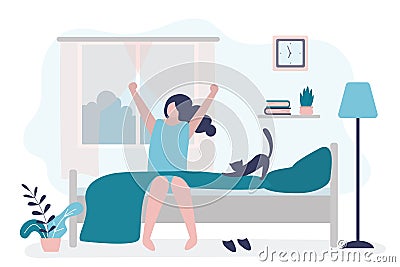 Happy woman pulls himself up after waking up. Female character sits on bed with cat and stretching arms. Beginning good day. Girl Vector Illustration