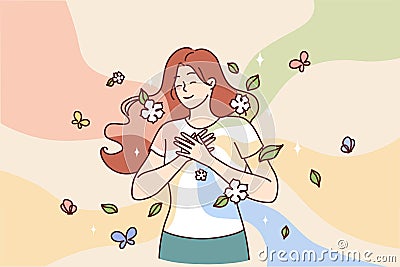 Happy woman puts hands on chest standing among flying butterflies and petals symbolizing spring mood Vector Illustration