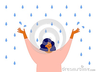Rainy day vector illustration with happy woman with raised arms stands enjoying rain Vector Illustration