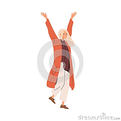 Happy woman rejoicing. Excited positive person celebrates success with smile and joy. Cheerful energetic delighted Vector Illustration