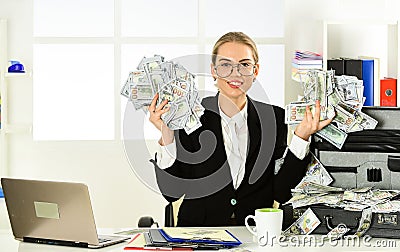 Happy woman. Richness and wellbeing. Credit money. Investing money. Success is measured by money. Security cash money Stock Photo