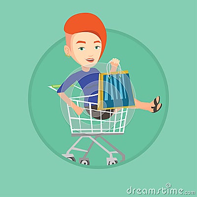 Happy woman riding by shopping trolley. Vector Illustration