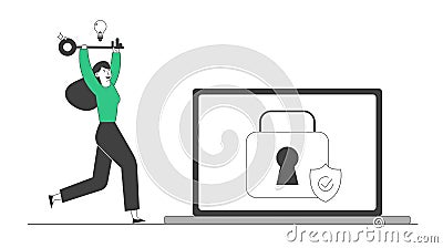 Happy Woman Run with Huge Key in Hands and Glowing Light Bulb above Head to Laptop with Padlock and Shield on Screen Vector Illustration
