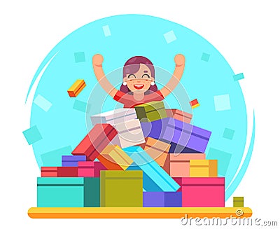 Happy woman shopping pile of goods gifts boxes flat design character vector illustration Vector Illustration