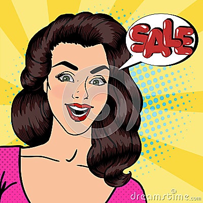 Happy Woman Shouts Sale. Sale Banner. Pin Up Girl. Pop Art Vector Illustration