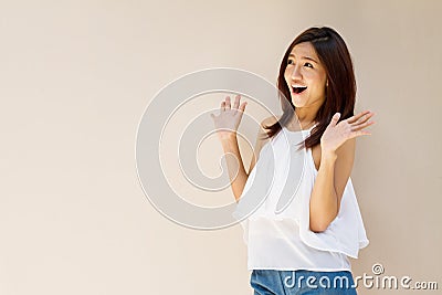 Happy woman showing exciting positive expression Stock Photo